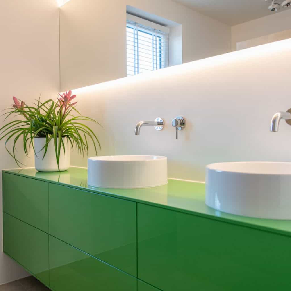 Maatwerk badkamer meubel in de kleur Kermit groen afgewerkt.